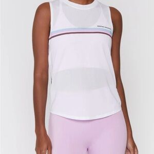 Spiritual Gangster White Muscle Tee with Minimalist Stripes, gently worn, large